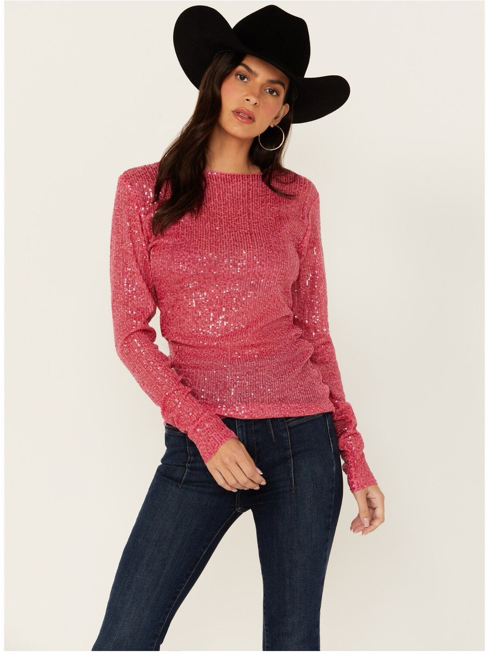 Free People Women’s Sequined Hot Pink Rush Long Sleeve Top - Large